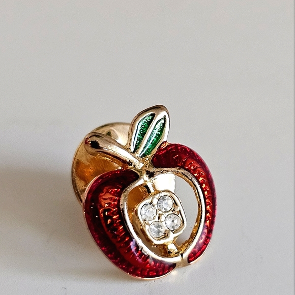 Red Apple Lapel Hat Jacket Pin With Four Clear Rhinestone Seeds, Original Box - Picture 7 of 8